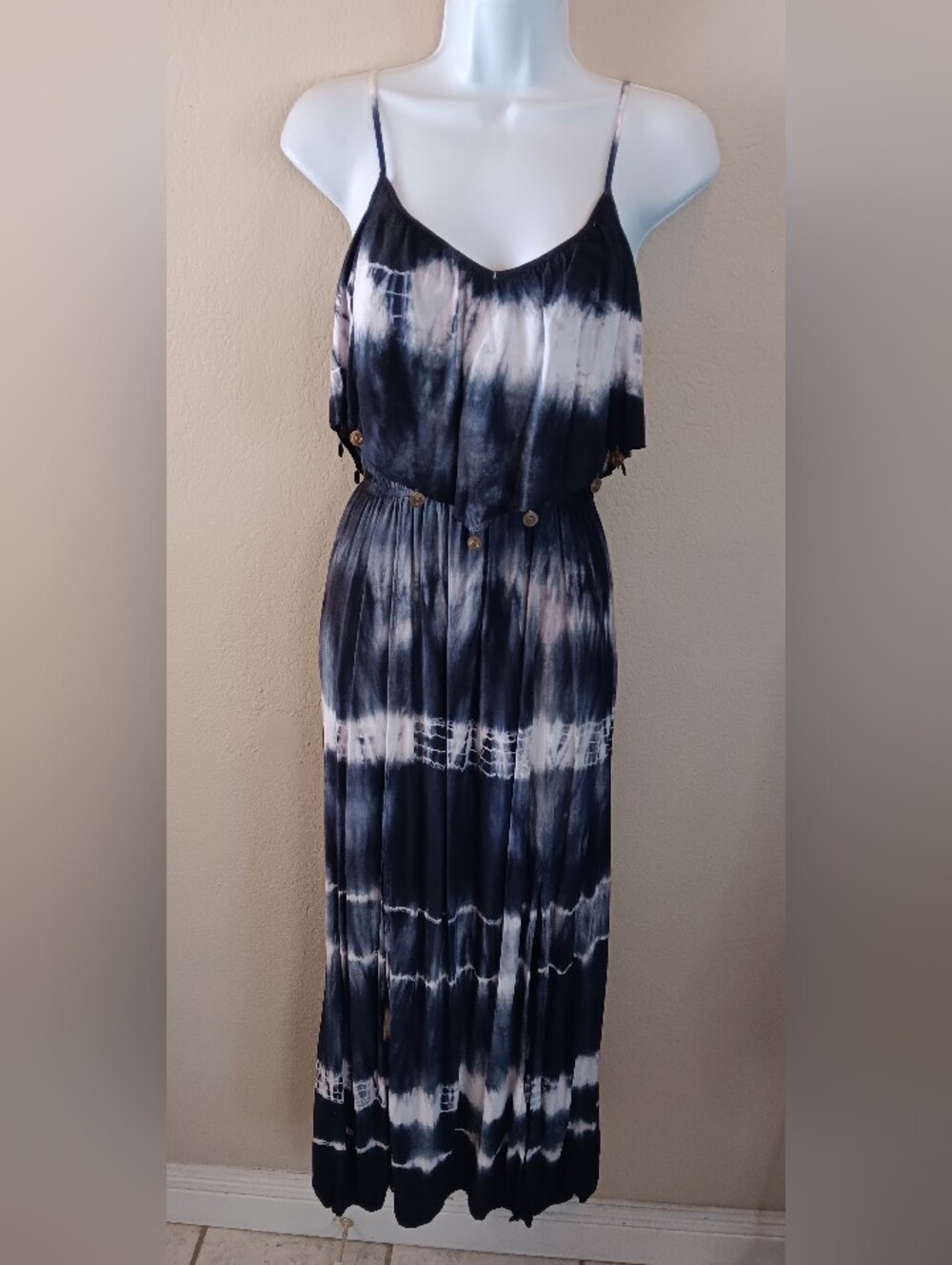 AEO Boho Tie Dye Maxi Dress S Navy White Festival Hippie Gypsy